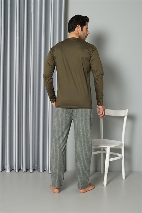 Moda Çizgi Erkek Uzun Kol Penye Haki Pijama Takım 6842