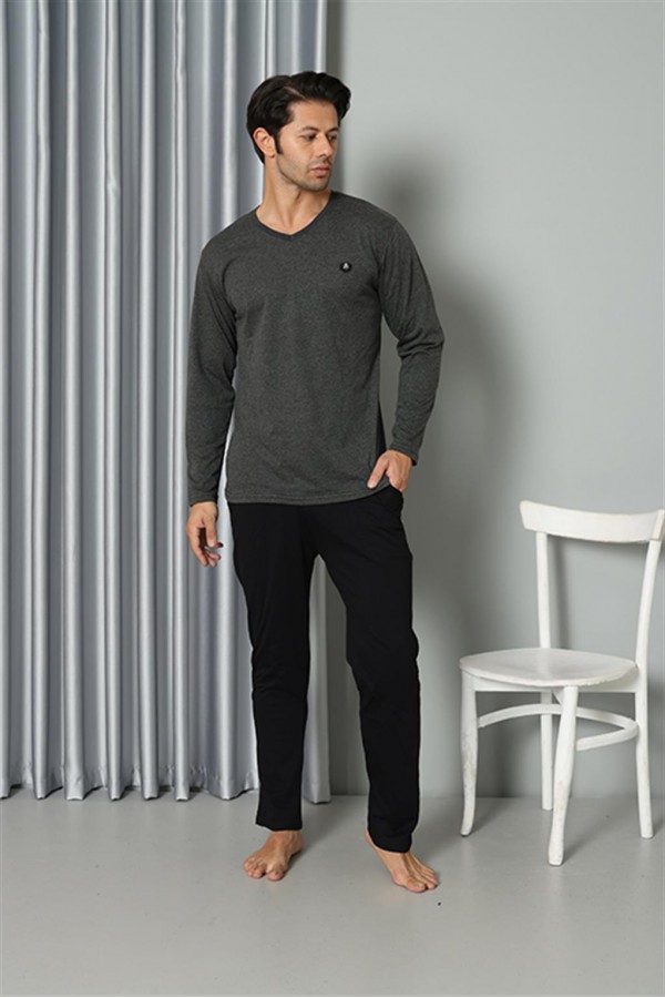 Moda Çizgi Erkek Uzun Kol V Yaka Penye Antrasit Pijama Takım 6843