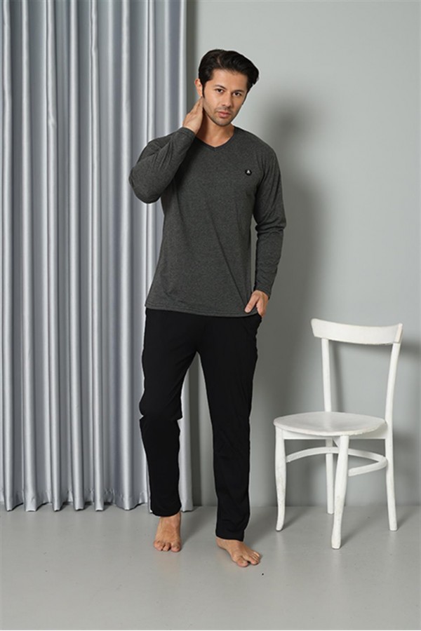 Moda Çizgi Erkek Uzun Kol V Yaka Penye Antrasit Pijama Takım 6843