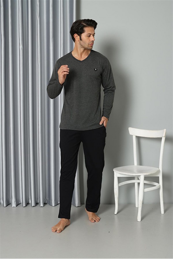 Moda Çizgi Erkek Uzun Kol V Yaka Penye Antrasit Pijama Takım 6843
