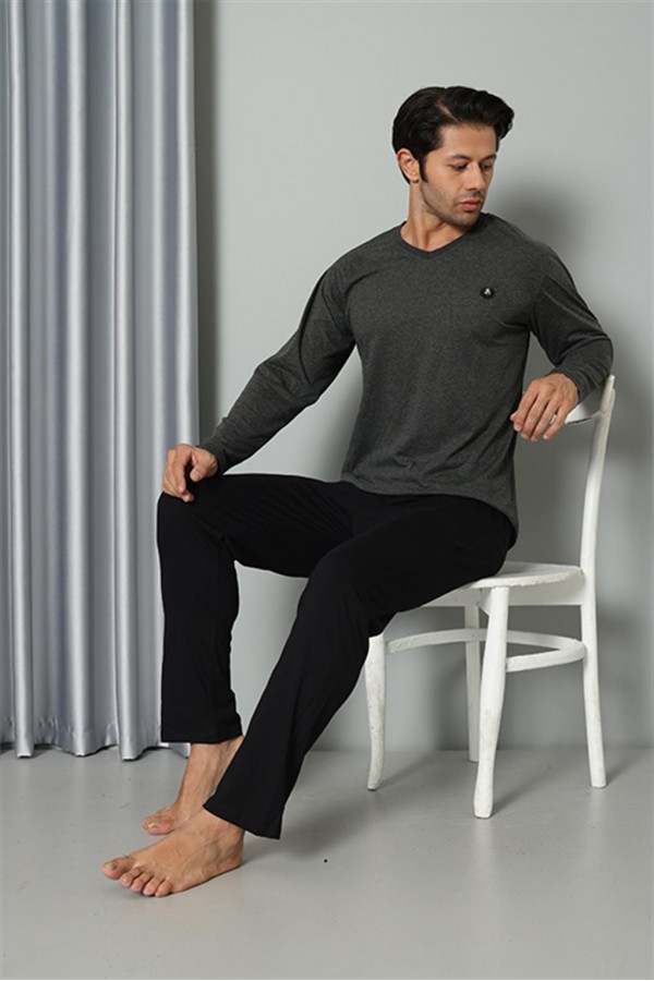 Moda Çizgi Erkek Uzun Kol V Yaka Penye Antrasit Pijama Takım 6843
