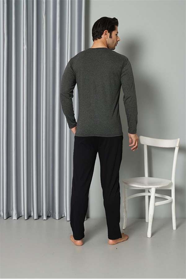 Moda Çizgi Erkek Uzun Kol V Yaka Penye Antrasit Pijama Takım 6843