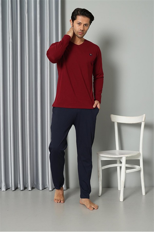 Moda Çizgi Erkek Uzun Kol V Yaka Penye Bordo Pijama Takım 6843