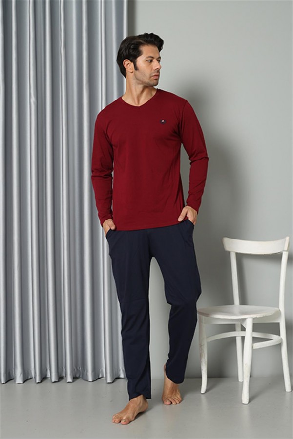 Moda Çizgi Erkek Uzun Kol V Yaka Penye Bordo Pijama Takım 6843