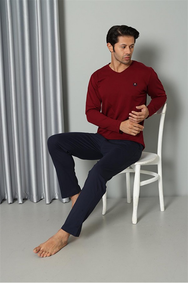 Moda Çizgi Erkek Uzun Kol V Yaka Penye Bordo Pijama Takım 6843