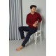 Moda Çizgi Erkek Uzun Kol V Yaka Penye Bordo Pijama Takım 6843