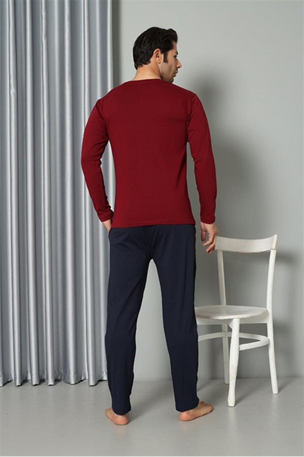 Moda Çizgi Erkek Uzun Kol V Yaka Penye Bordo Pijama Takım 6843