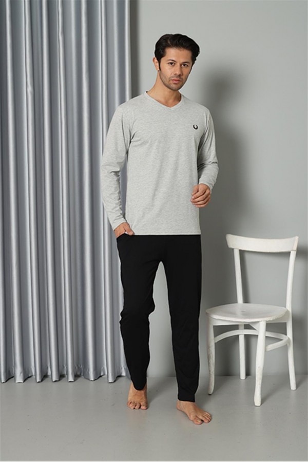 Moda Çizgi Erkek Uzun Kol V Yaka Penye Gri Pijama Takım 6843
