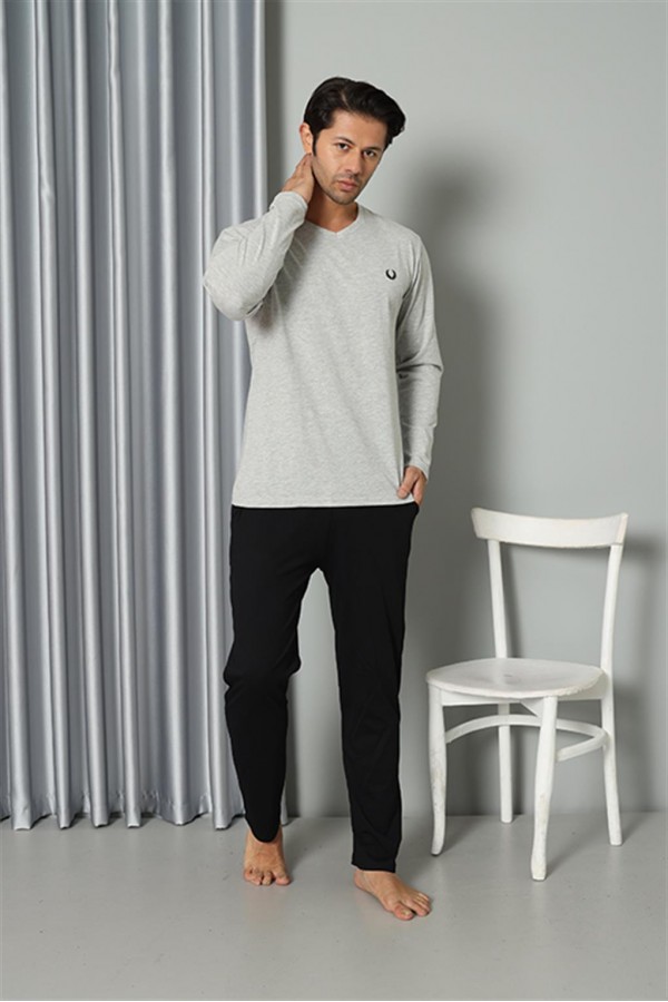 Moda Çizgi Erkek Uzun Kol V Yaka Penye Gri Pijama Takım 6843