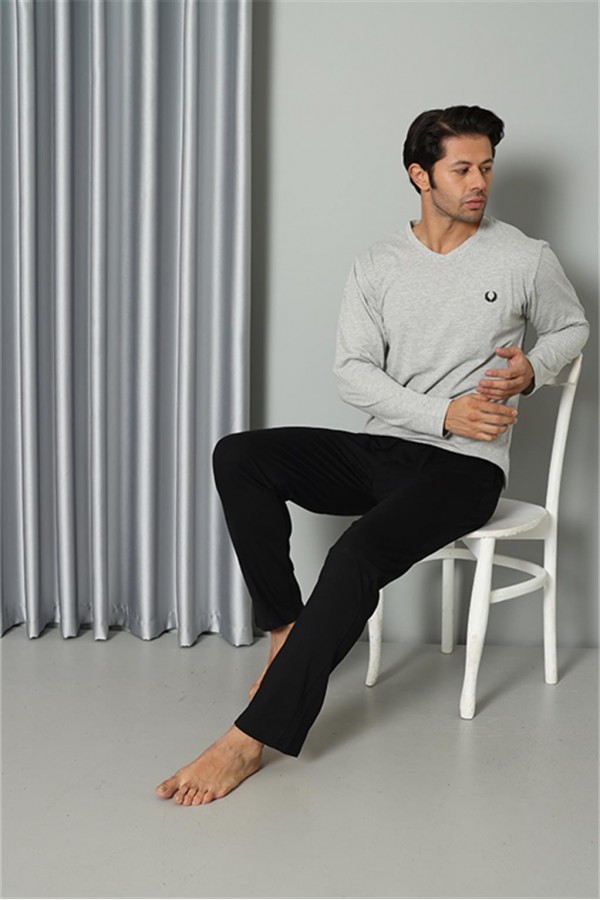Moda Çizgi Erkek Uzun Kol V Yaka Penye Gri Pijama Takım 6843