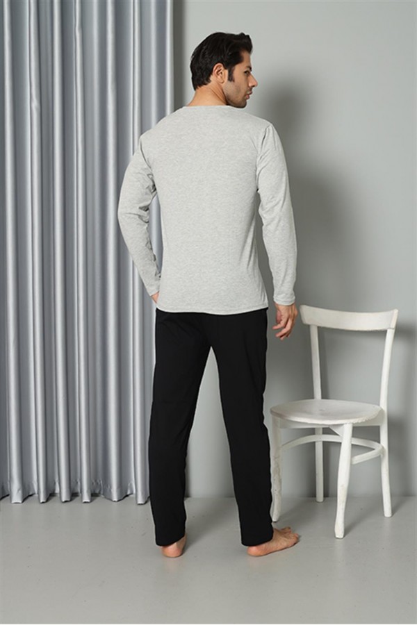 Moda Çizgi Erkek Uzun Kol V Yaka Penye Gri Pijama Takım 6843