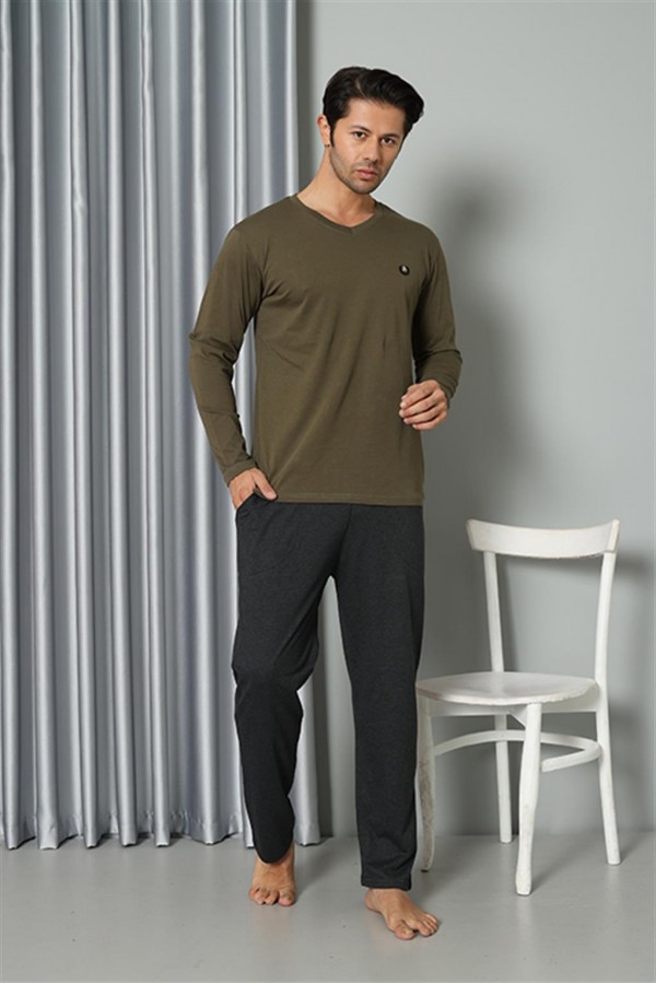 Moda Çizgi Erkek Uzun Kol V Yaka Penye Haki Pijama Takım 6843