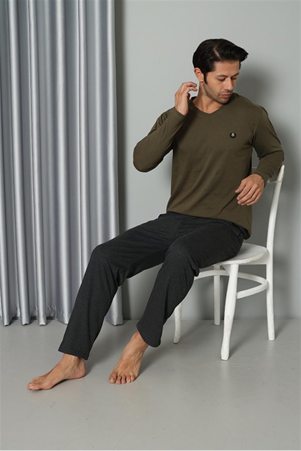 Moda Çizgi Erkek Uzun Kol V Yaka Penye Haki Pijama Takım 6843