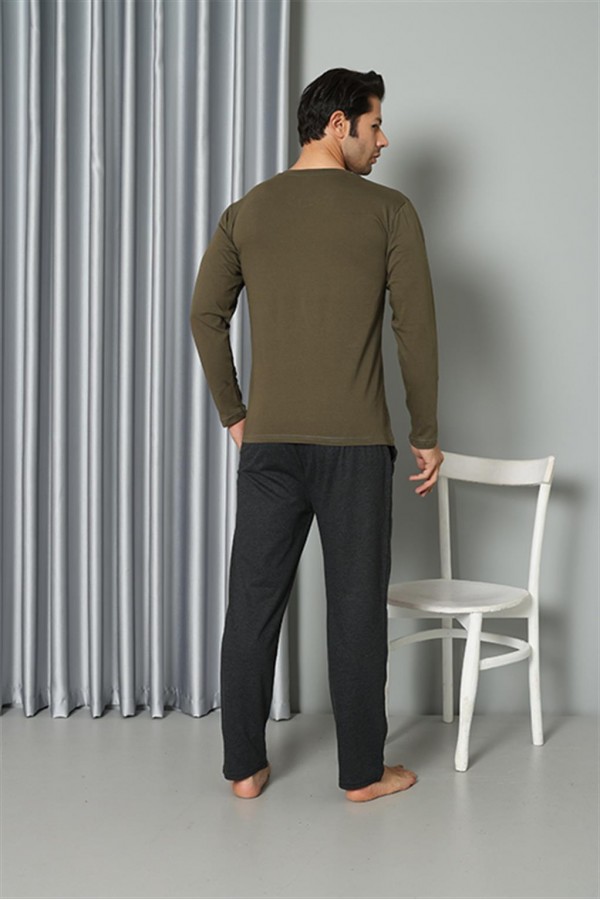 Moda Çizgi Erkek Uzun Kol V Yaka Penye Haki Pijama Takım 6843
