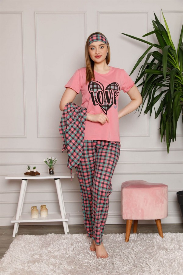 Moda Çizgi Kadın %100 Pamuk 3'lü Sabahlık Pijama Takım 1117