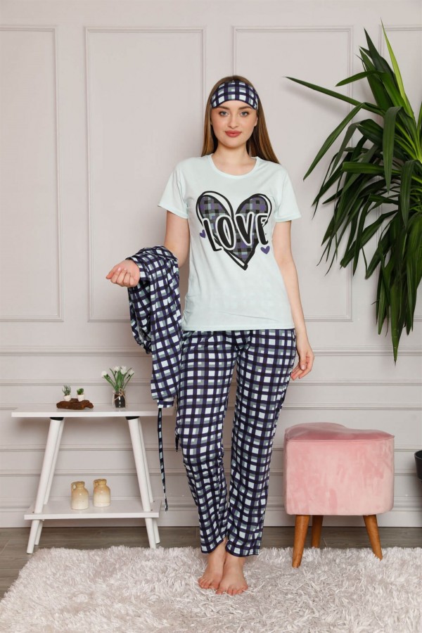 Moda Çizgi Kadın %100 Pamuk 3'lü Sabahlık Pijama Takım 1118