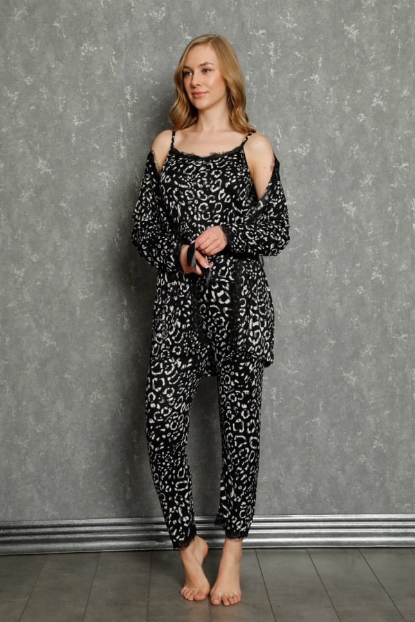 Moda Çizgi Kadın %100 Pamuk 3'lü Sabahlık Pijama Takım 16101
