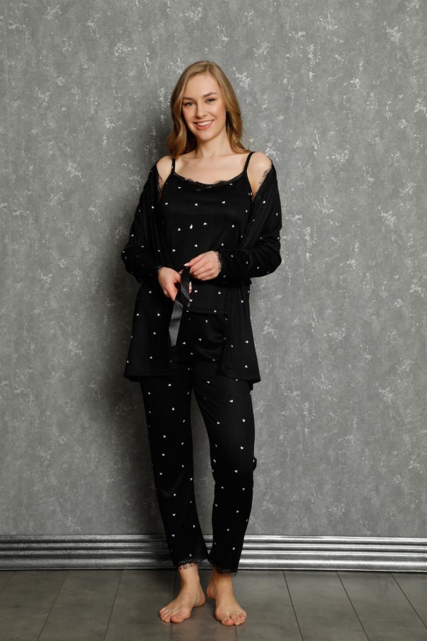 Moda Çizgi Kadın %100 Pamuk 3'lü Sabahlık Pijama Takım 16103