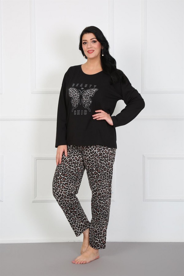 Moda Çizgi Kadın %100 Pamuk Büyük Beden Pijama Takım 202174