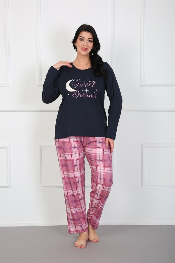 Moda Çizgi Kadın %100 Pamuk Büyük Beden Pijama Takım 202175