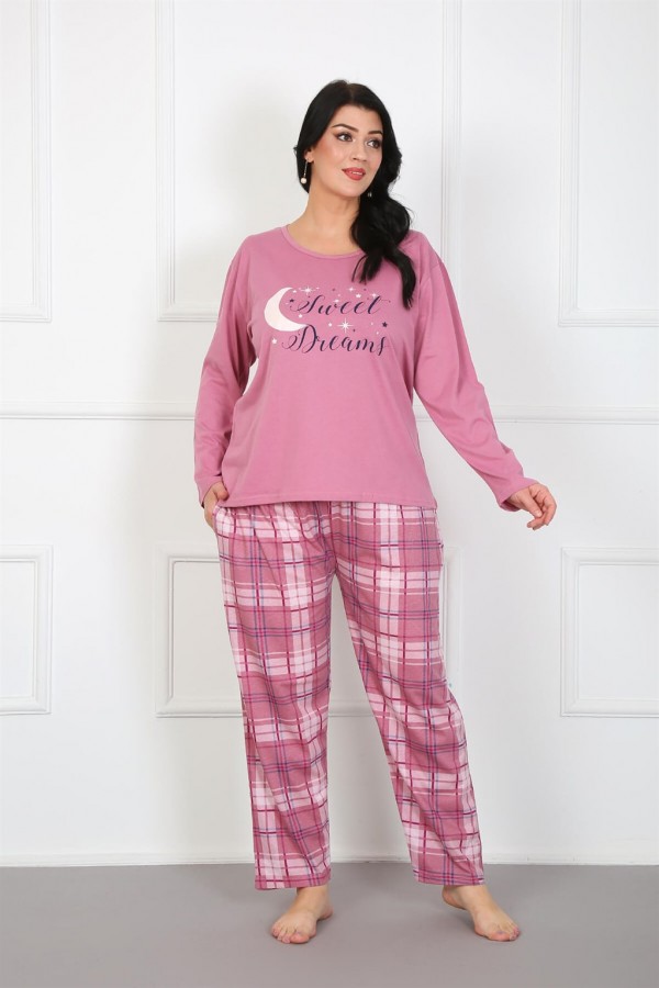 Moda Çizgi Kadın %100 Pamuk Büyük Beden Pijama Takım 202176