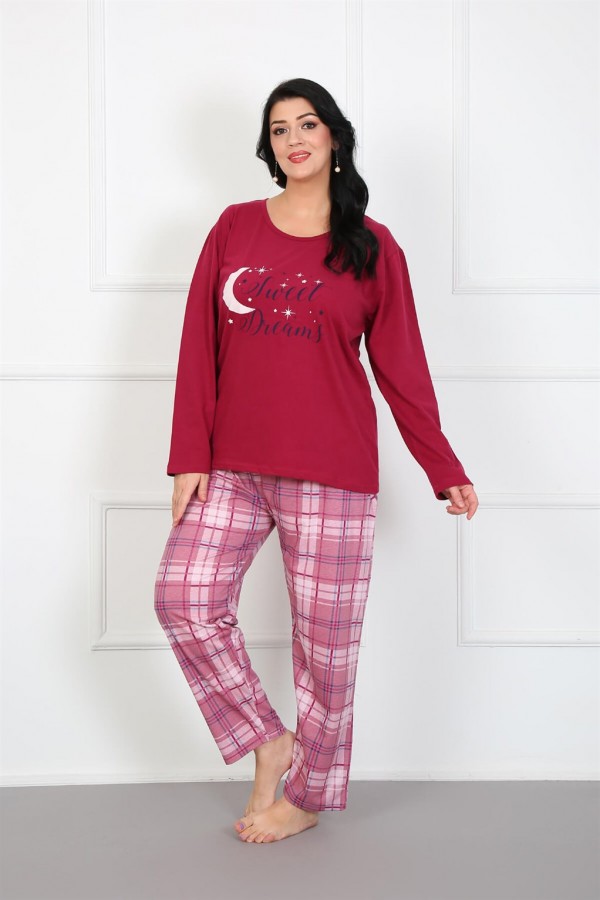 Moda Çizgi Kadın %100 Pamuk Büyük Beden Pijama Takım 202177