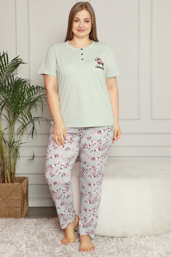 Moda Çizgi Kadın %100 Pamuk Cepli Kısa Kol Büyük Beden Pijama Takım 202071