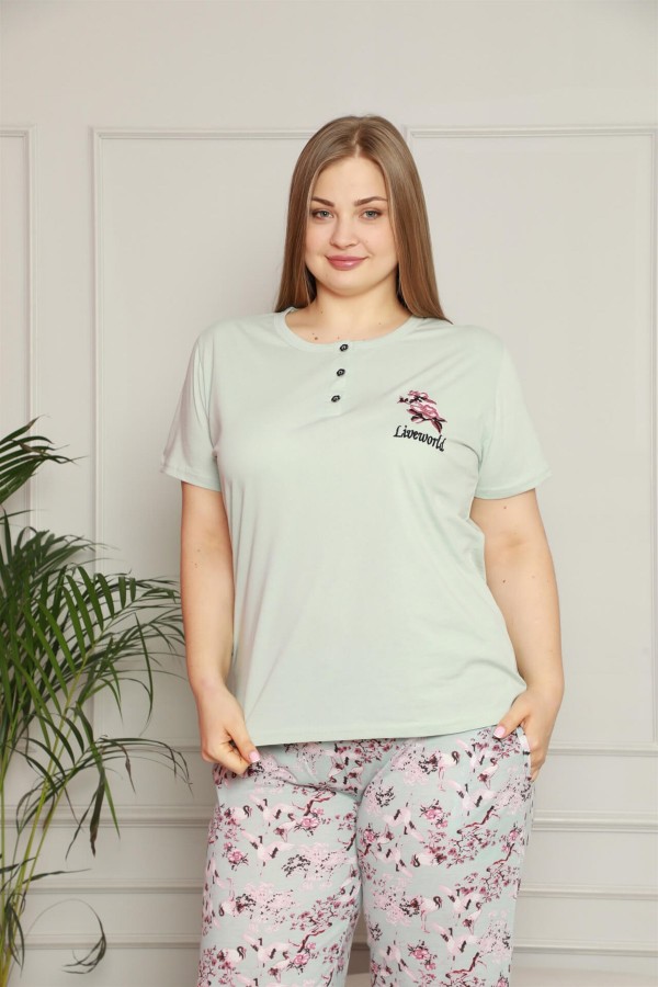 Moda Çizgi Kadın %100 Pamuk Cepli Kısa Kol Büyük Beden Pijama Takım 202071