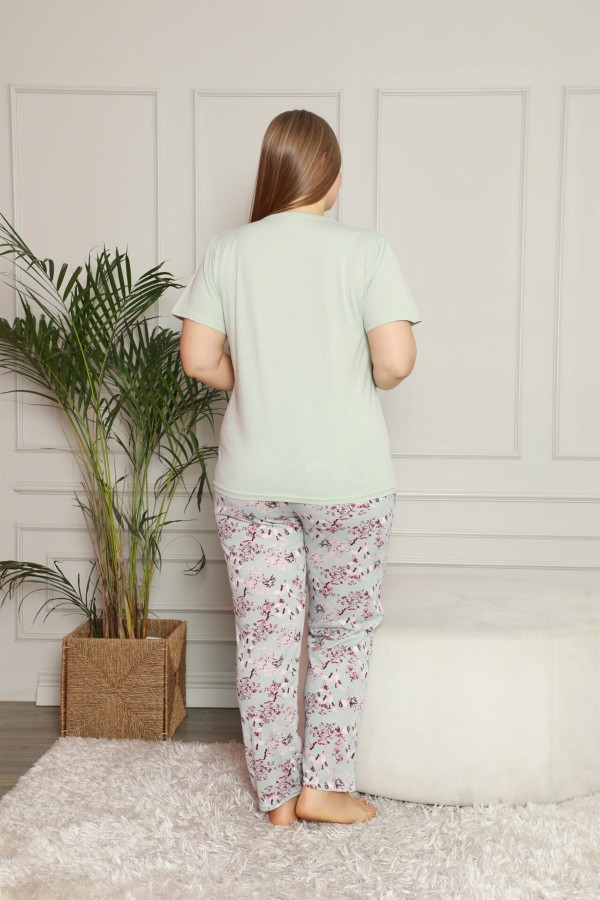 Moda Çizgi Kadın %100 Pamuk Cepli Kısa Kol Büyük Beden Pijama Takım 202071