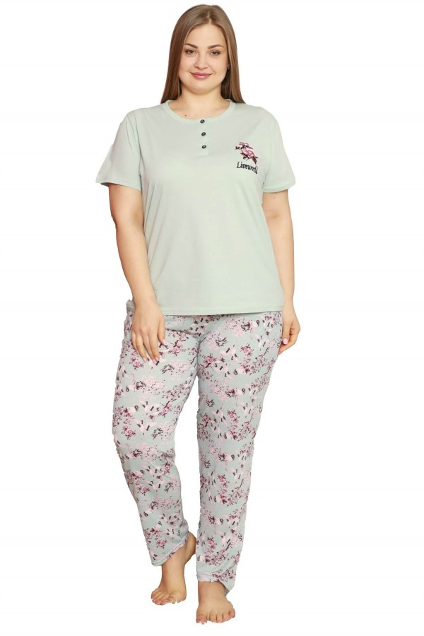 Moda Çizgi Kadın %100 Pamuk Cepli Kısa Kol Büyük Beden Pijama Takım 202071