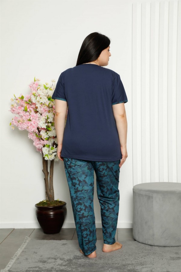 Moda Çizgi Kadın %100 Pamuk Cepli Kısa Kol Büyük Beden Pijama Takım 202106