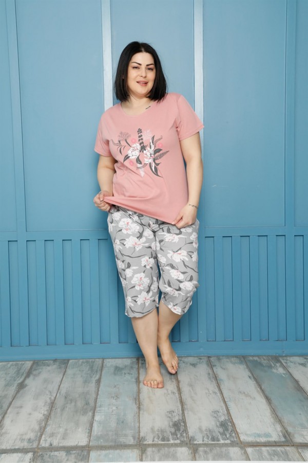 Moda Çizgi Kadın %100 Pamuk Kapri Büyük Beden Pijama Takım 202161
