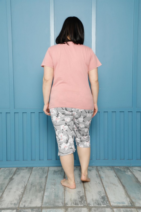 Moda Çizgi Kadın %100 Pamuk Kapri Büyük Beden Pijama Takım 202161