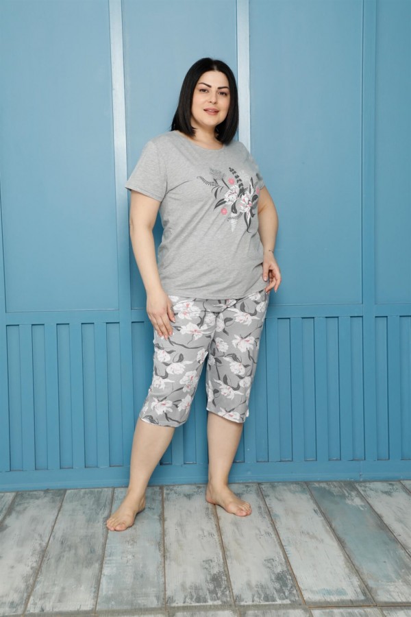 Moda Çizgi Kadın %100 Pamuk Kapri Büyük Beden Pijama Takım 202162