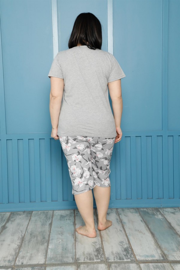 Moda Çizgi Kadın %100 Pamuk Kapri Büyük Beden Pijama Takım 202162