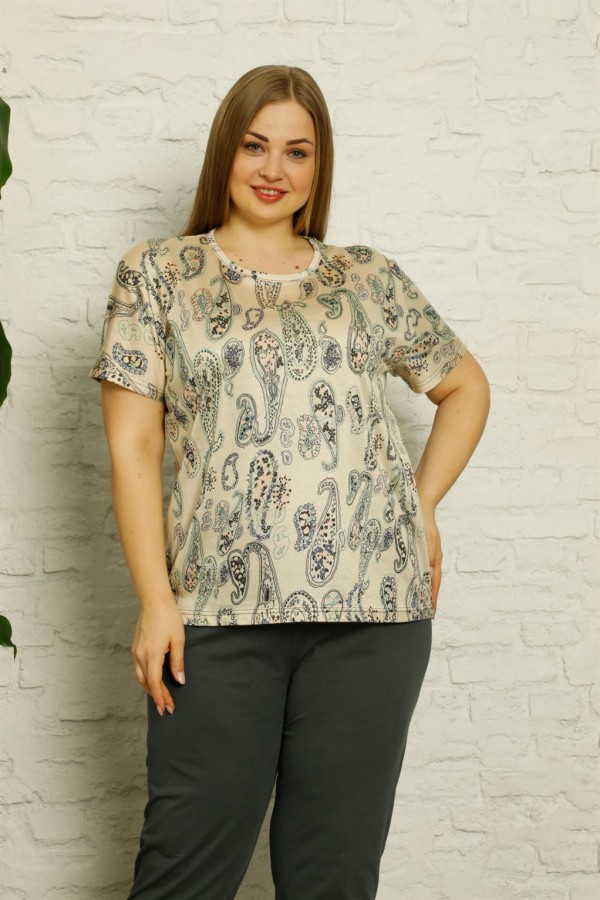 Moda Çizgi Kadın %100 Pamuk Kısa Kol Büyük Beden Pijama Takım 202131