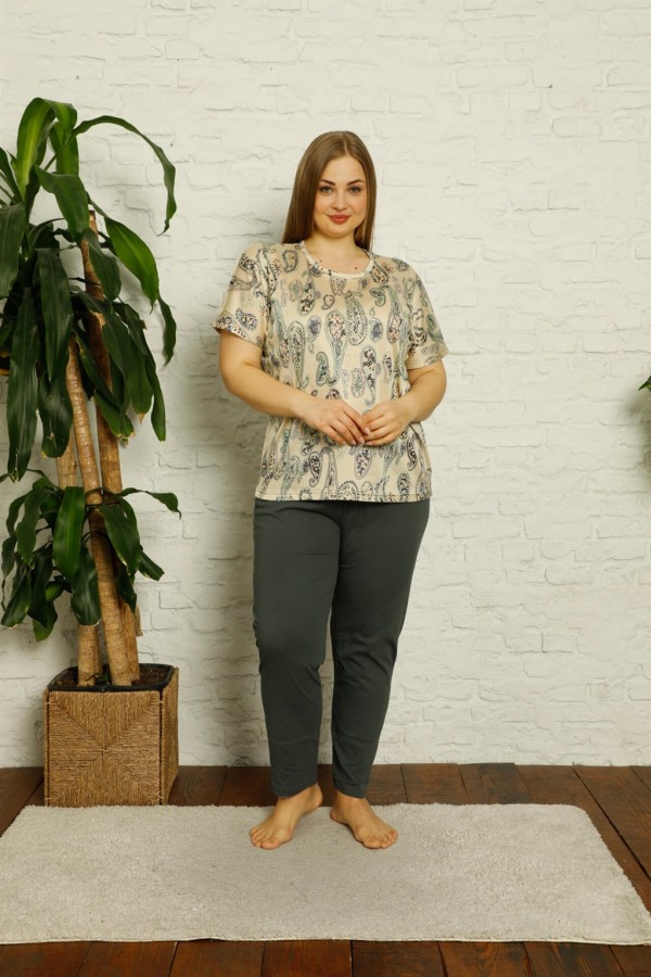 Moda Çizgi Kadın %100 Pamuk Kısa Kol Büyük Beden Pijama Takım 202131