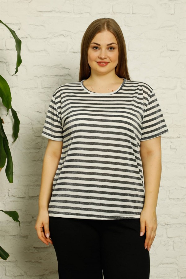 Moda Çizgi Kadın %100 Pamuk Kısa Kol Büyük Beden Pijama Takım 202133