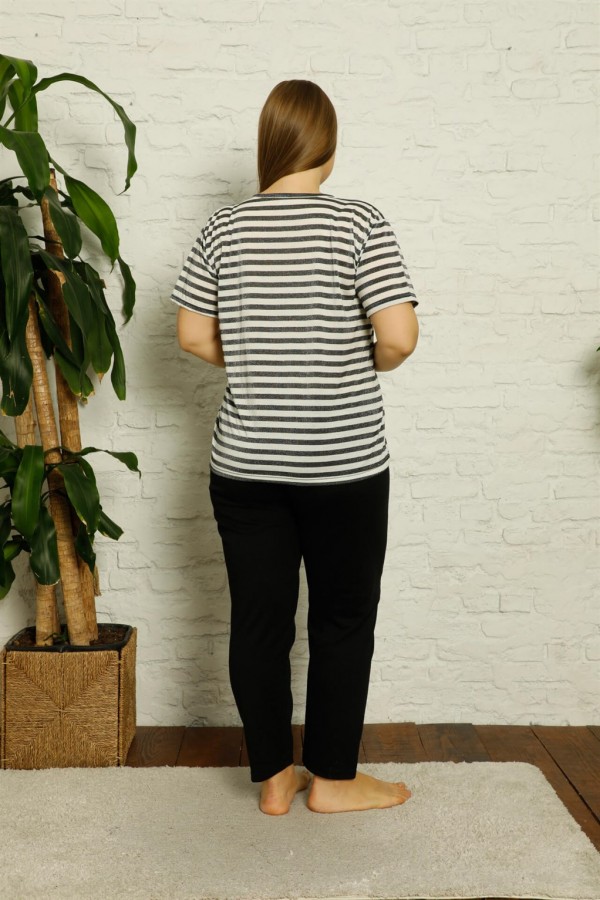 Moda Çizgi Kadın %100 Pamuk Kısa Kol Büyük Beden Pijama Takım 202133