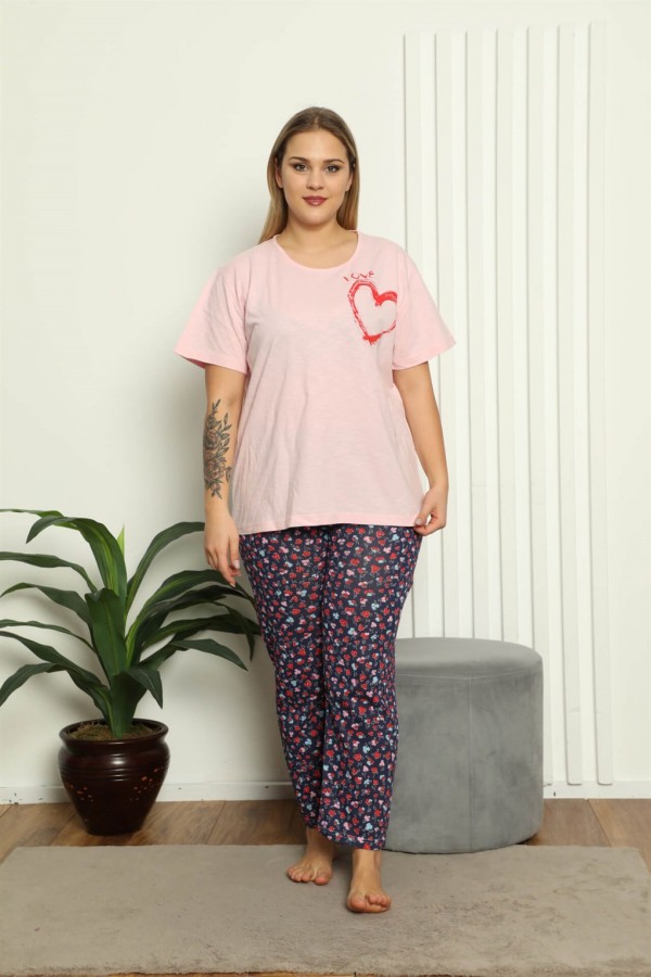 Moda Çizgi Kadın %100 Pamuk Kısa Kol Büyük Beden Pijama Takım 202143
