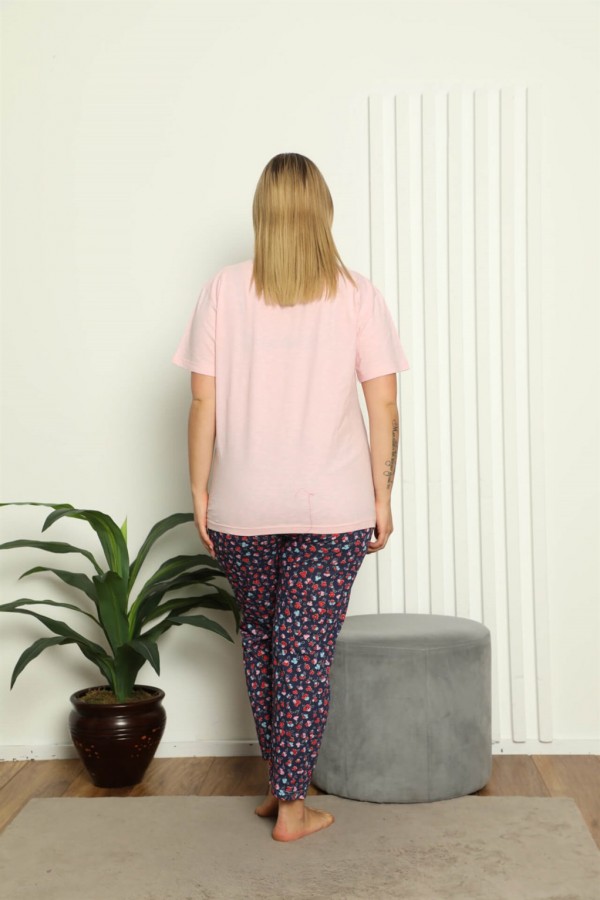 Moda Çizgi Kadın %100 Pamuk Kısa Kol Büyük Beden Pijama Takım 202143