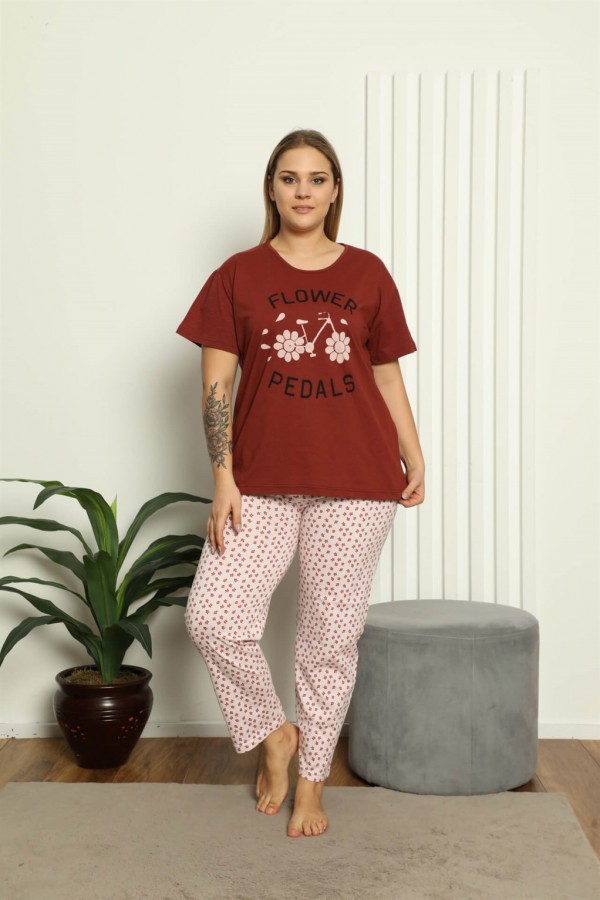 Moda Çizgi Kadın %100 Pamuk Kısa Kol Büyük Beden Pijama Takım 202147