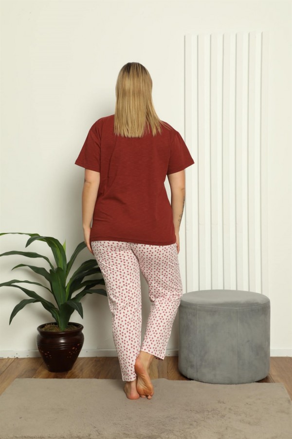 Moda Çizgi Kadın %100 Pamuk Kısa Kol Büyük Beden Pijama Takım 202147