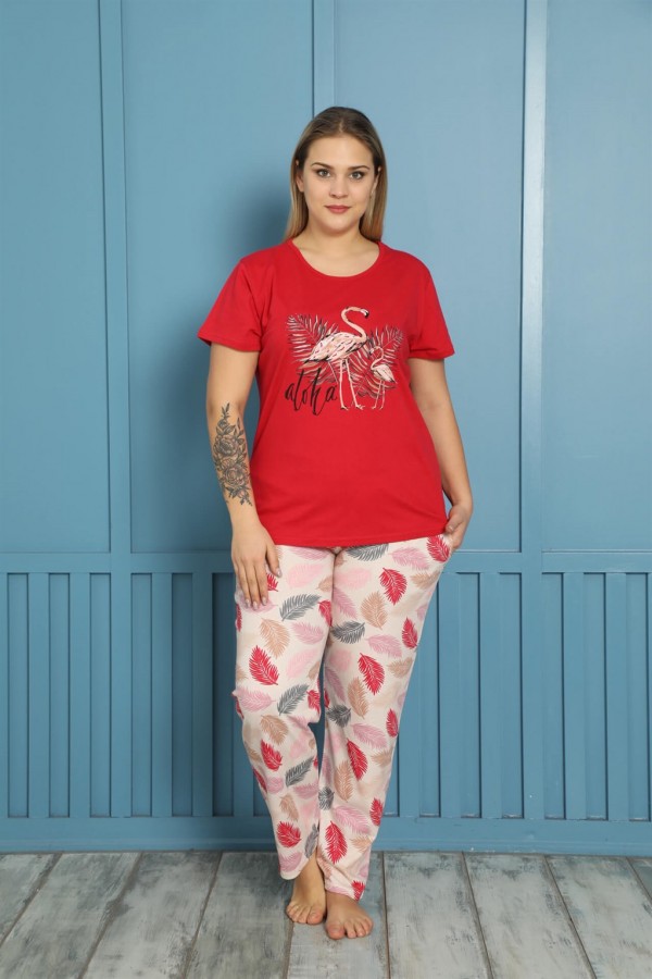Moda Çizgi Kadın %100 Pamuk Kısa Kol Büyük Beden Pijama Takım 202153