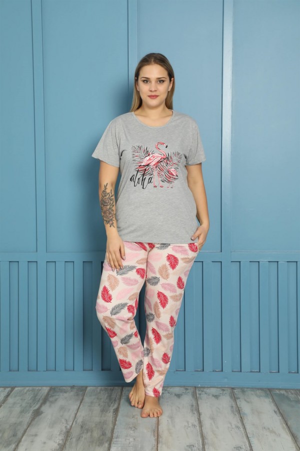 Moda Çizgi Kadın %100 Pamuk Kısa Kol Büyük Beden Pijama Takım 202154