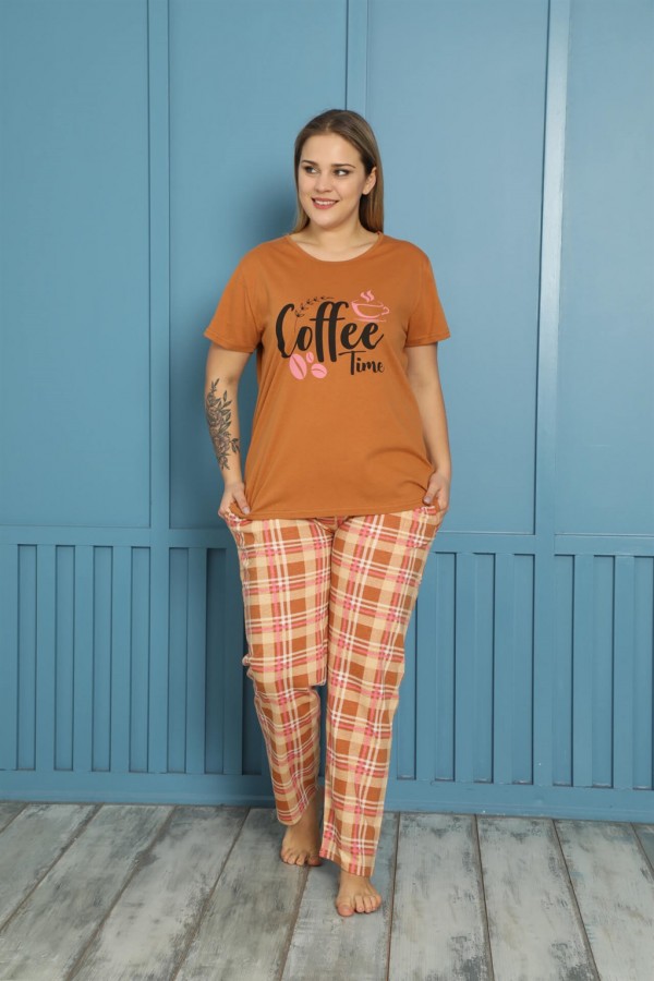 Moda Çizgi Kadın %100 Pamuk Kısa Kol Büyük Beden Pijama Takım 202155