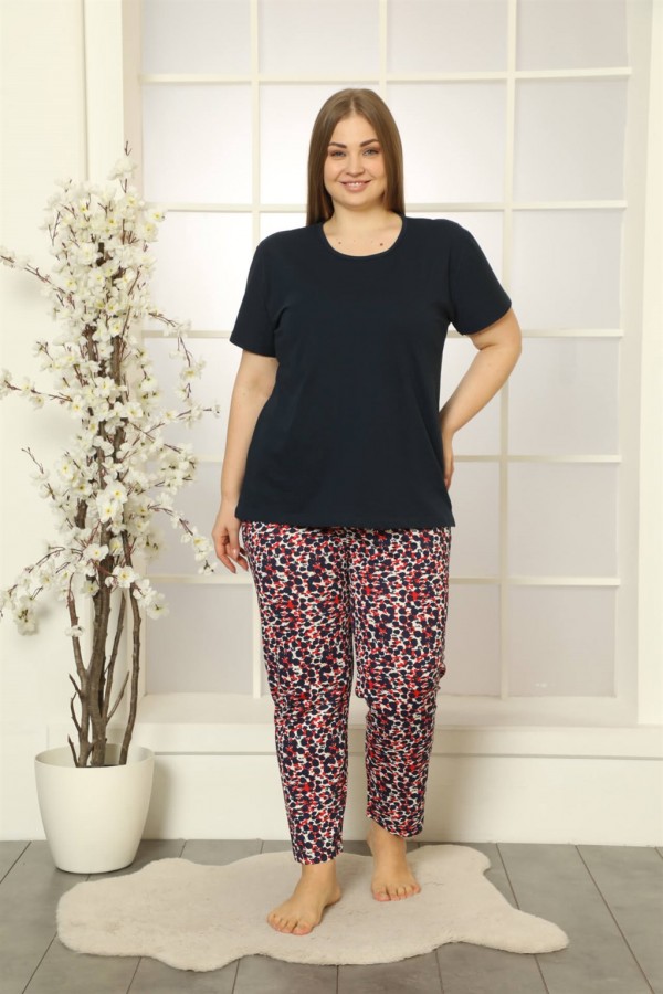 Moda Çizgi Kadın %100 Pamuk Kısa Kol Büyük Beden Pijama Takım 202159