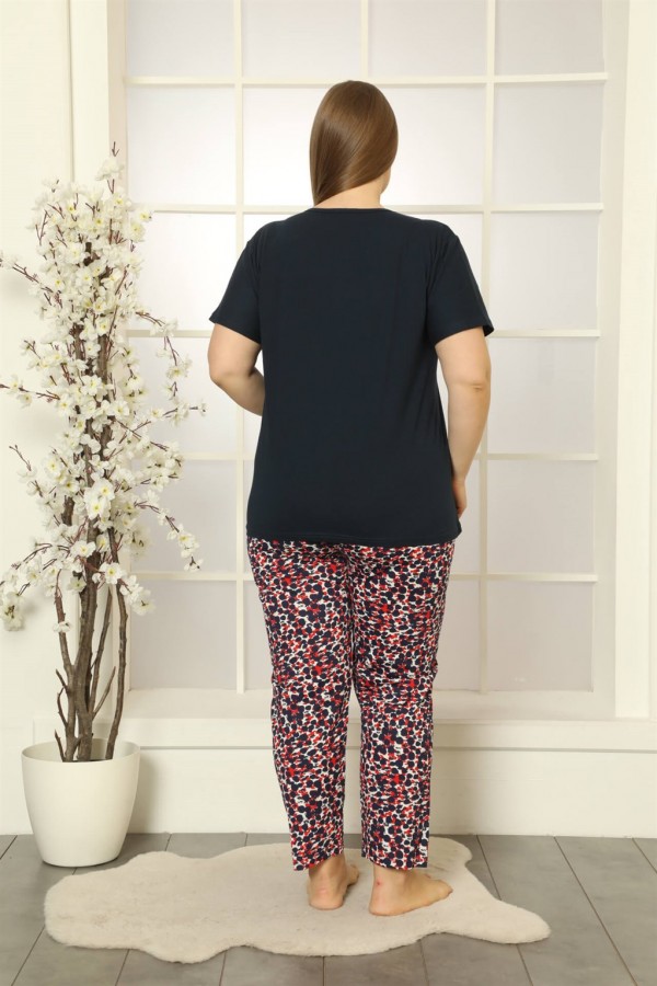 Moda Çizgi Kadın %100 Pamuk Kısa Kol Büyük Beden Pijama Takım 202159