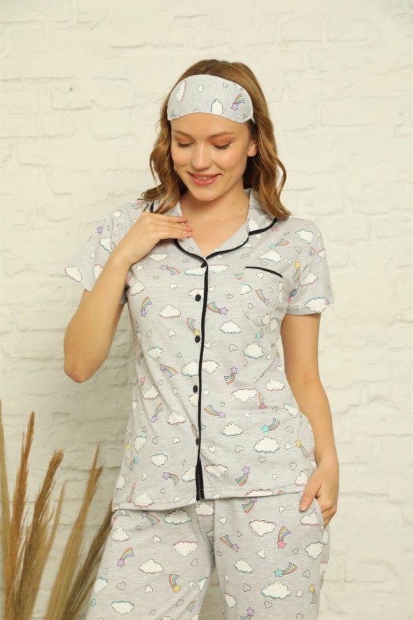 Moda Çizgi Kadın %100 Pamuk Önden Düğmeli Kısa Kol Pijama Takım 2841
