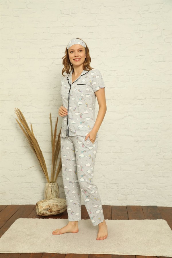 Moda Çizgi Kadın %100 Pamuk Önden Düğmeli Kısa Kol Pijama Takım 2841